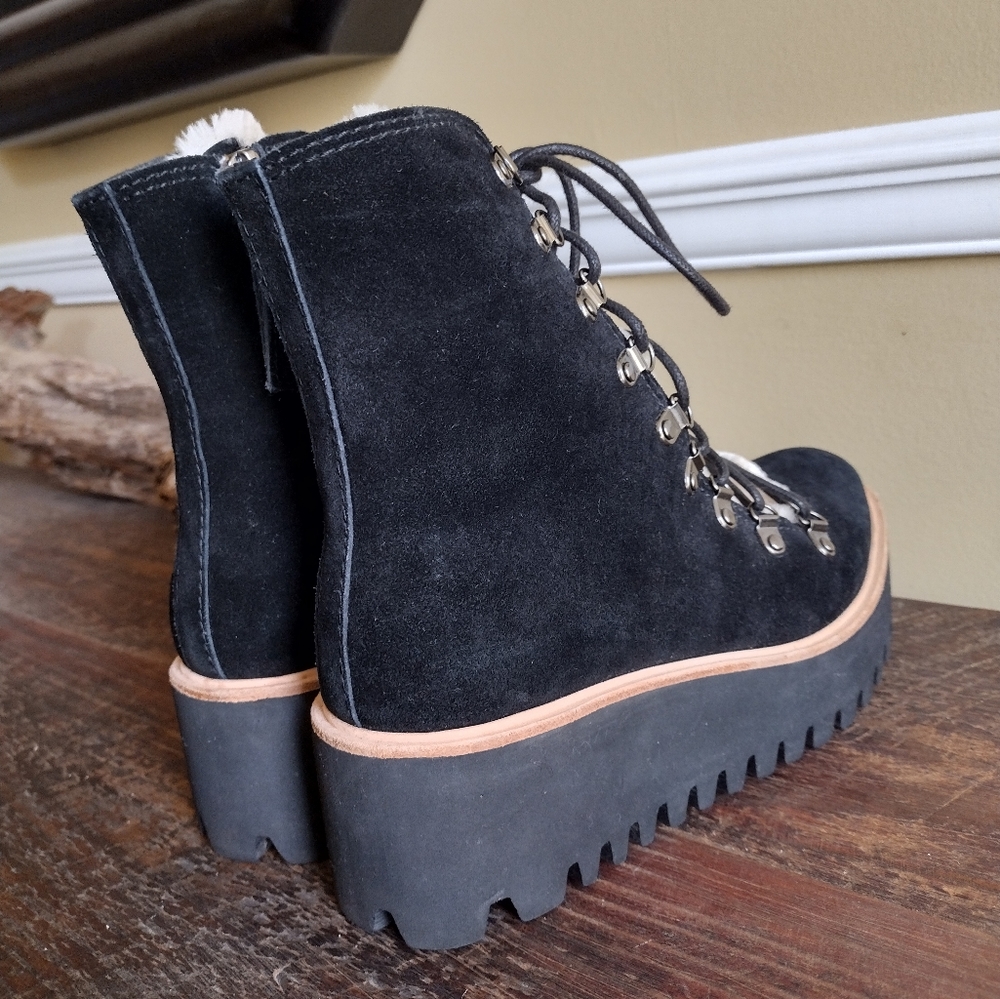 ALL BLACK Black Cream Suede Shearling Lug Flatform Platform Boots Size 37.5 (7) - Picture 7 of 12
